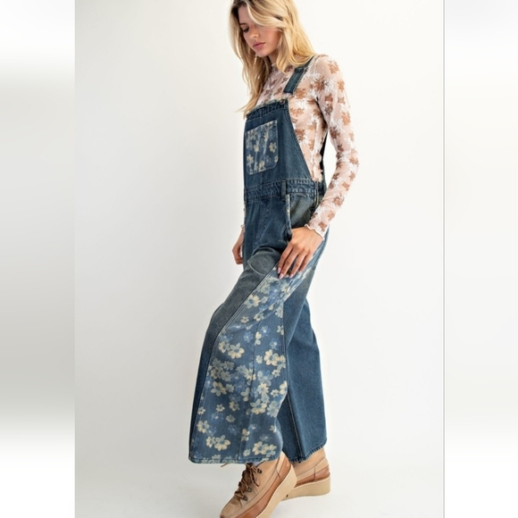 Easel Washed Denim Floral Flower Overalls Jumpsuit New - Picture 4 of 6